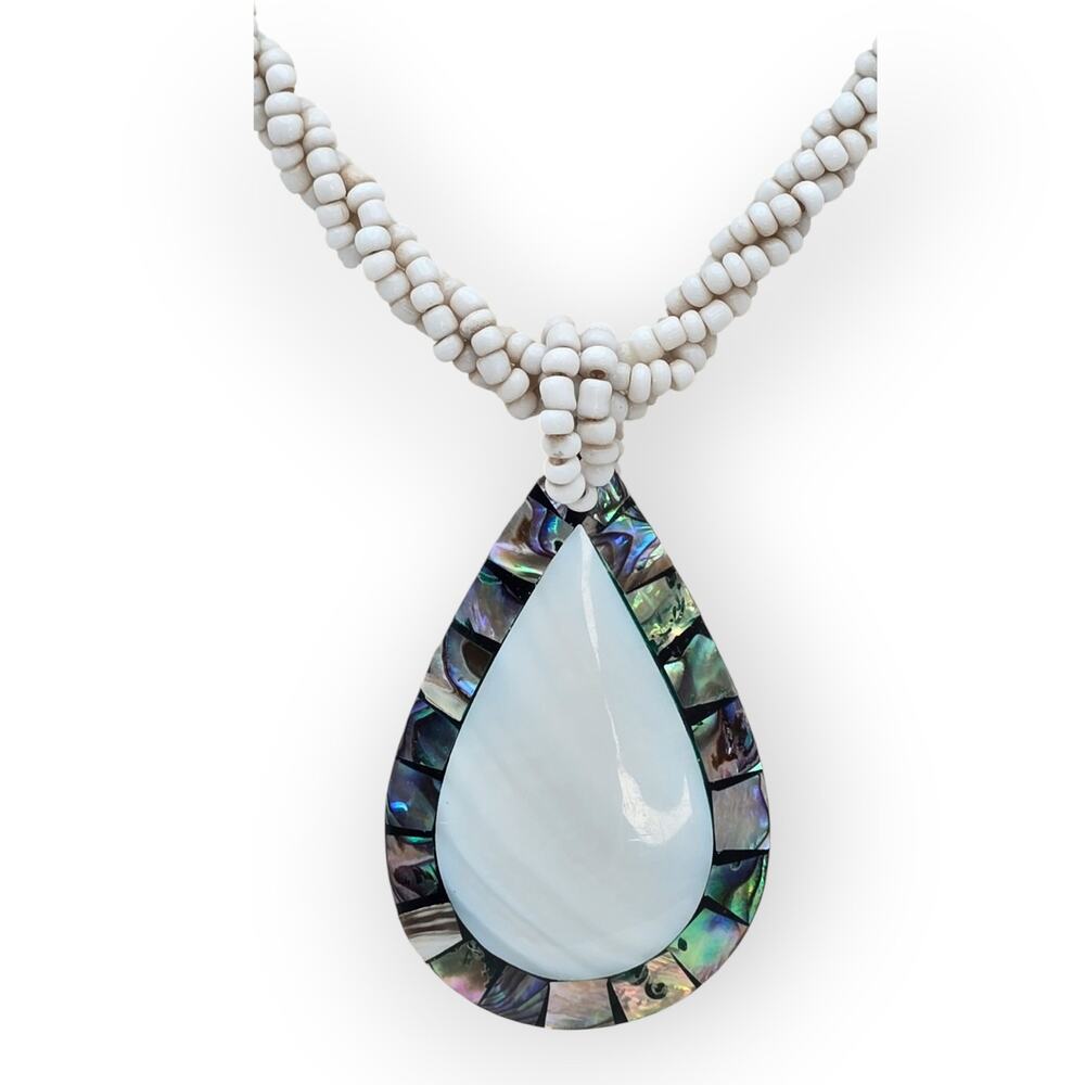 Mosaic Abalone Shell Teardrop Pendant Necklace White Beaded Boho Coastal